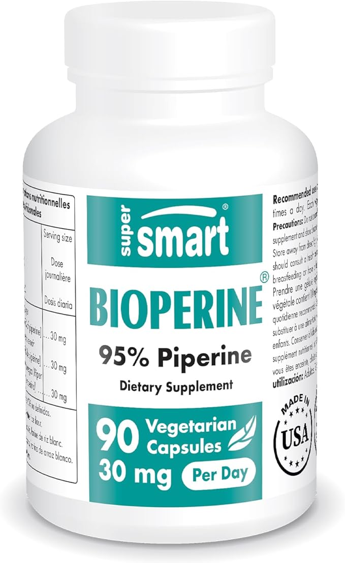 SuperSmart Bioperine 30mg per Day (95% Piperine) - Black Pepper Extract Supplement - Absorption Enhancer - Digestive Enzymes Support | Non-GMO & Gluten Free - 90 Vegetarian Capsules