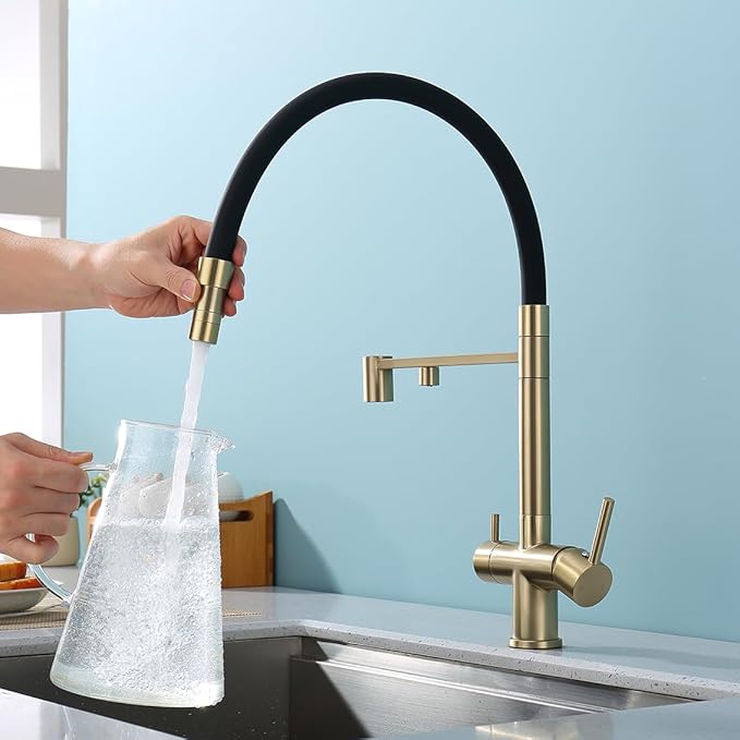 PiroosoKitchen Faucets with Water Filter Faucet Buil-in,3 Way Drinking Water Faucet for Kitchen Sink, Brushed Gold