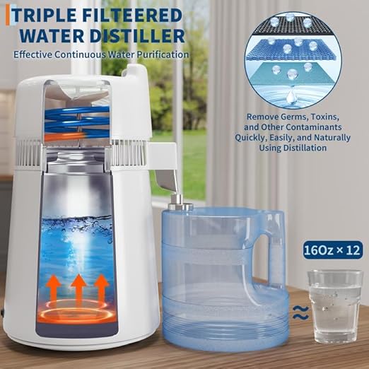 GarveeHome Water Distillers for Home Countertop, 1.5Gal/6L Stainless Steel Distilled Water Machine with Glass Container, 750W Desktop Drinking Purifier Filter Distilling Kit