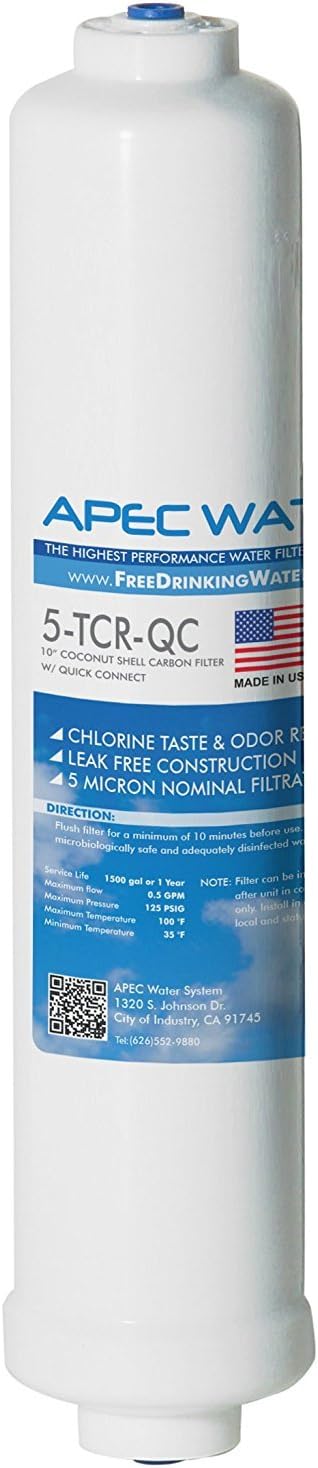 APEC Water Systems 5-TCR-QC US MADE 10" Inline Carbon Filter with ¼” Quick Connect For Reverse Osmosis Water Filter System (For Standard System)