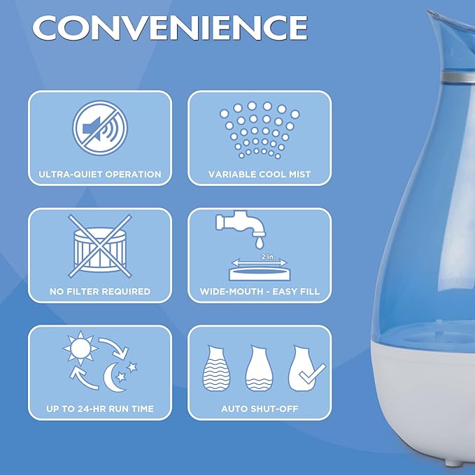 HealthWise Cool Mist Ultrasonic Humidifier | For Medium Size Rooms | No Filter Required | 24 Hour Run Time, Blue, 2.6L