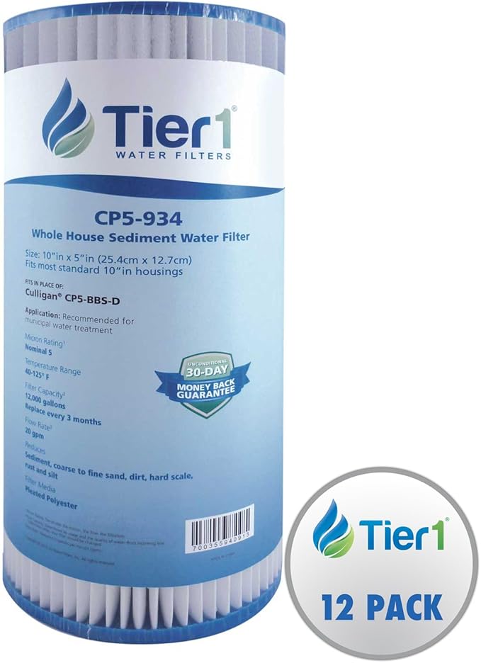 Tier1 5 Micron 10 Inch x 4.5 Inch | 12-Pack Pleated Polyester Whole House Sediment Water Filter Replacement Cartridge | Compatible with Culligan CP5-BBS-D, Pentek CP5-BB, W5CPHD, Home Water Filter