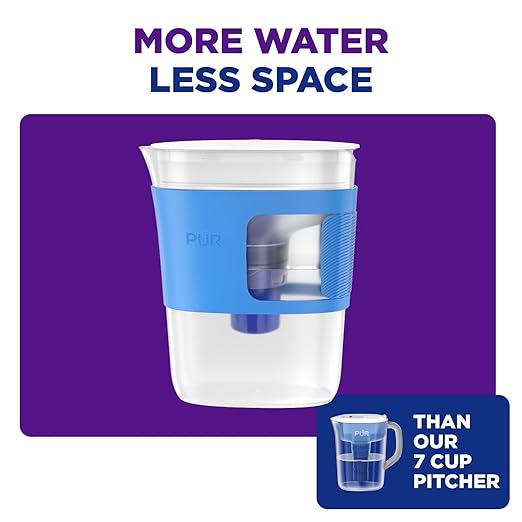 PUR Water Filter Pitcher Slim design 8 Cup capacity with 1 filter, dishwasher safe, faster filtration, water purifier pitcher for cleaner, great tasting water, ideal for compact space, dorm room, Blue