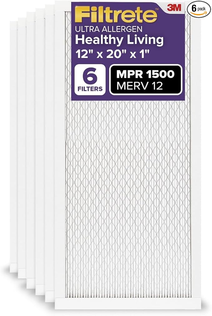 Filtrete 12x20x1 AC Furnace Air Filter, MERV 12, MPR 1500, CERTIFIED asthma & allergy friendly, 3 Month Pleated 1-Inch Electrostatic Air Cleaning Filter, 6-Pack (Actual Size 11.81x19.81x0.78 in)