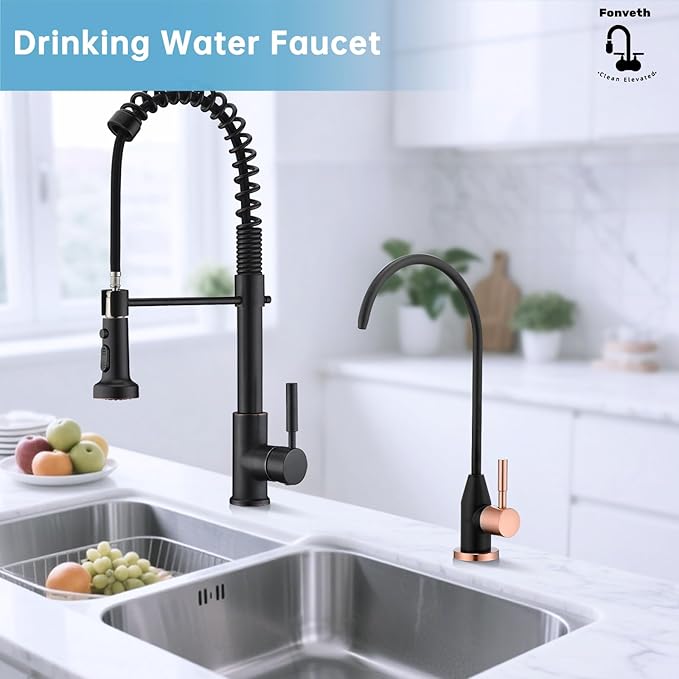 Drinking Water Faucet, Black and Red Copper RO Faucet Stainless Steel for Under Sink Water Filter System Reverse Osmosis Non-Air Gap for Kitchen