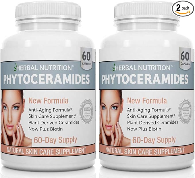 Phytoceramides Rice Based with Biotin Anti Aging Supplement, Wrinkle Remover and Facial Moisturizing with Phytoceramides Vitamin A, C, D and E, Two Bottle Pack, 120 Capsules 40mg, Gluten Free