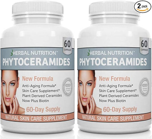Phytoceramides Rice Based with Biotin Anti Aging Supplement, Wrinkle Remover and Facial Moisturizing with Phytoceramides Vitamin A, C, D and E, Two Bottle Pack, 120 Capsules 40mg, Gluten Free