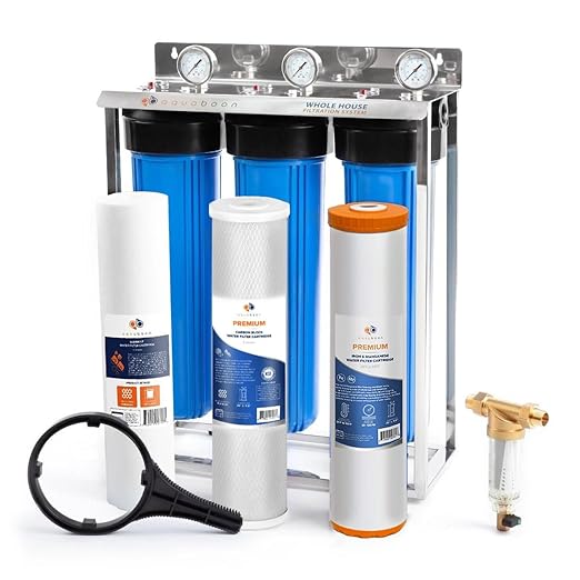 Aquaboon 3-Stage Whole House Water Filter System with Prefilter, 20x4.5 Carbon Block, Iron & Manganese, Sediment Filters, Pressure Gauge & Release, Wrench, Freestanding Steel Frame
