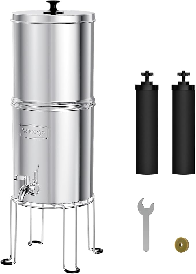 Waterdrop Gravity-fed Water Filter System, Reduces Lead and up to 99% of Chlorine, NSF/ANSI 42&372 Standard, with 2 Black Carbon Filters and Metal Spigot, King Tank Series