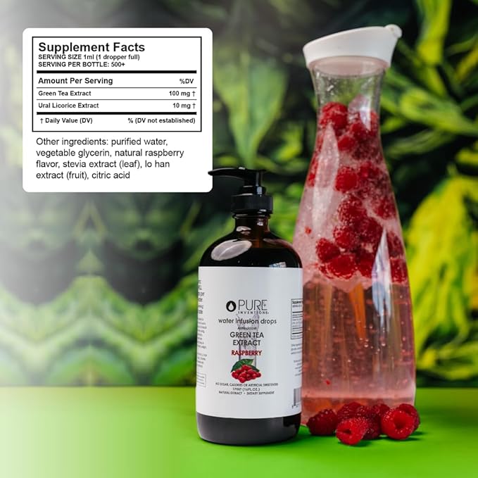 Pure Inventions - Green Tea Raspberry Water Infusion Drops - Antioxidants & Electrolytes - Health & Wellness Drink - Immunity Support - Sugar Free, Zero Calorie, No Artificial Sweeteners -500 Servings