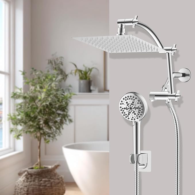 Hibbent All Metal Shower Head, 8'' High Pressure Rain Shower Head/Handheld Showerhead Combo with 16'' Adjustable Arc-shaped Extension Arm, 10 Sprays, 71'' Hose, Adhesive Showerhead Holder, Chrome