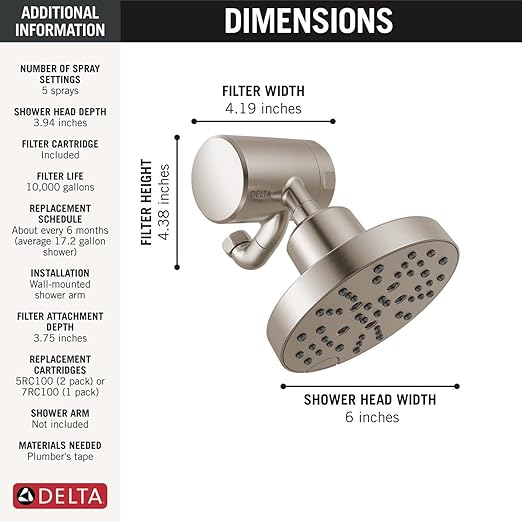 Delta Faucet 5-Setting H2Okinetic Shower Head Brushed Nickel with Clarifi Premium Shower Filter Attachment with Filter