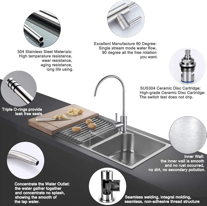 ESOW Kitchen Water Filter Faucet, 100% Lead-Free Drinking Water Faucet Fits Most Reverse Osmosis Units or Water Filtration System in Non-Air Gap, Stainless Steel 304 Body Brushed Nickel Finish