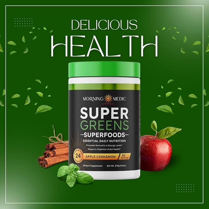 Super Greens Powder with 24+ Superfoods, Premium Nutrient-Dense Blend, Promotes Immunity & Energry Levels, Supports Disgestion & Gut Health, Apple Cinnamon Flavor, 9.6 oz
