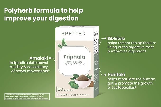 BBETTER Triphala – Ayurvedic Herbal Supplement with Amla, Haritaki & Bibhitaki for Occasional Constipation & Bloating – Supports Digestion, Healthy Bowel Function, Colon Cleanse & Detox -180 Capsules