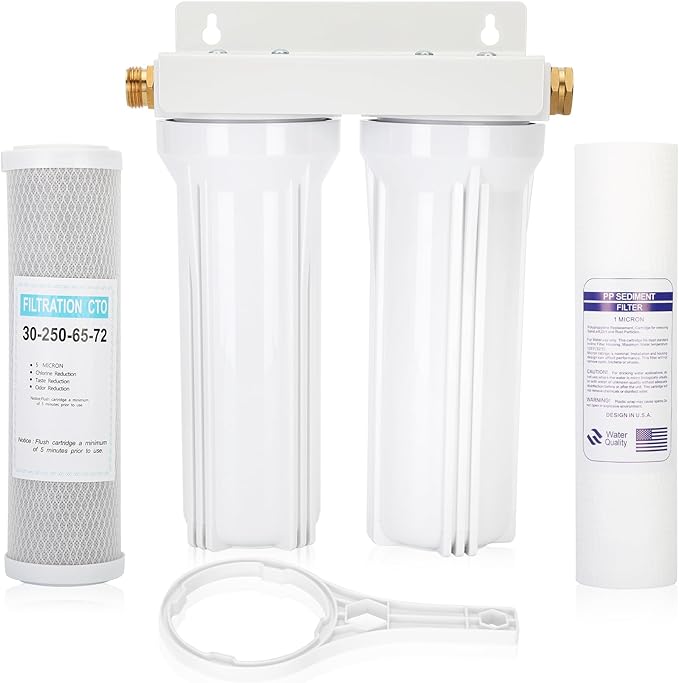 External RV Dual Water Filter System, Includes mounting bracket, two filters and two 3/4" GHT brass fittings, For reducing sediment, dirt, sand, odors and chlorine, For RVs Yachts Homes Marine