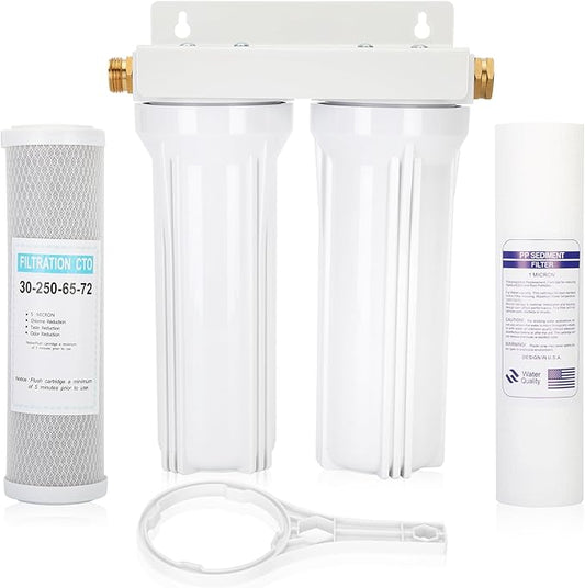 External RV Dual Water Filter System, Includes mounting bracket, two filters and two 3/4" GHT brass fittings, For reducing sediment, dirt, sand, odors and chlorine, For RVs Yachts Homes Marine