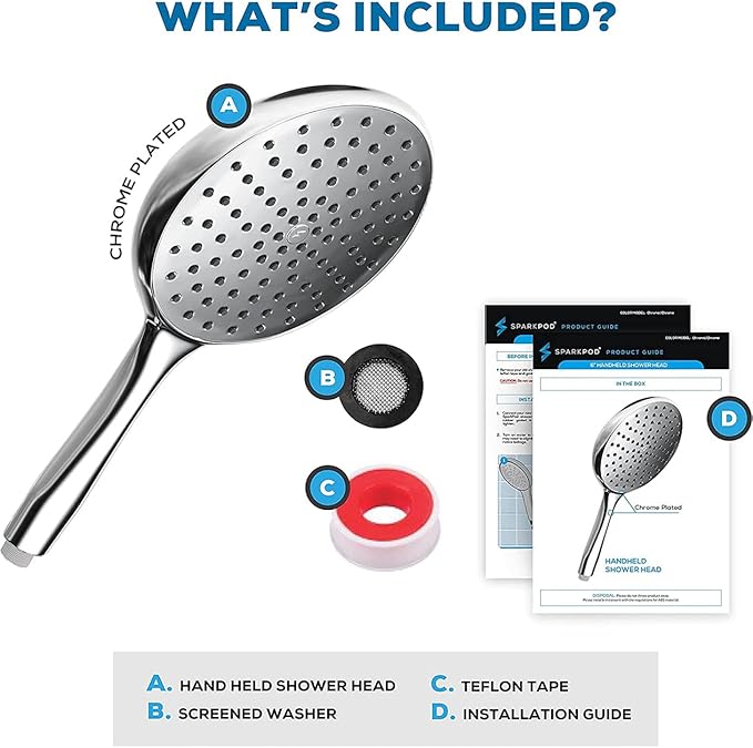 SparkPod High Pressure Handheld Shower Head - Huge 6-Inch Face - Luxury Rain Shower Design - Tool-Free 1-Min Installation - Handheld Only, No Bracket or Hose (Luxury Polished Chrome)