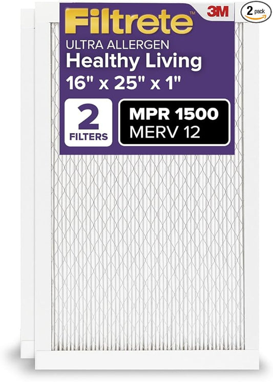 Filtrete 16x25x1 AC Furnace Air Filter, MERV 12, MPR 1500, CERTIFIED asthma & allergy friendly, 3 Month Pleated 1-Inch Electrostatic Air Cleaning Filter, 2-Pack (Actual Size 15.69 x 24.69 x 0.78 in)