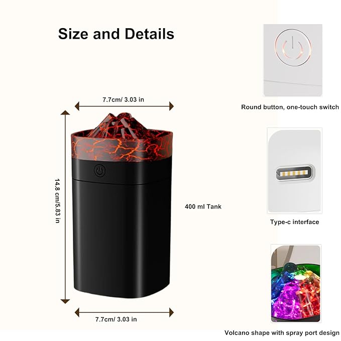 FULLBELL Cool Mist Humidifier, 400ML, 10-20 Hours Runtime, 7 Color Lights, 2 Modes, 24db Quiet, Black (Black-400ML)