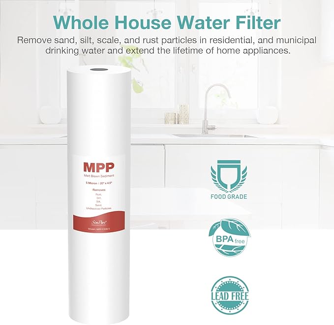 5 Micron 20 Inch Big Whole House Sediment Water Filter, 20" x 4.5" Water Filter Cartridge Replacement for SimPure DB20 Blue Housing, WGB22B, WGB32B, AP802, BB20B, BB20T, 2-Pack