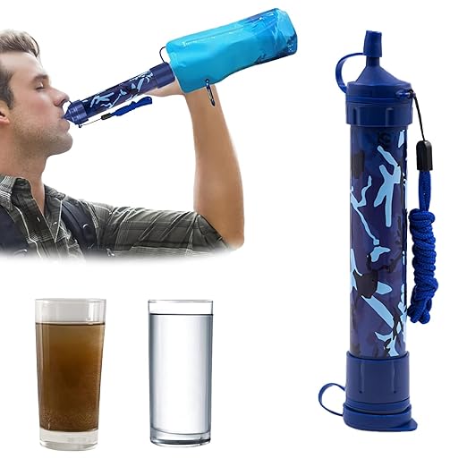 Water Filter Camping, Personal Backpacking Water Filter Straw Portable for Hiking Travels (Blue Camouflage)