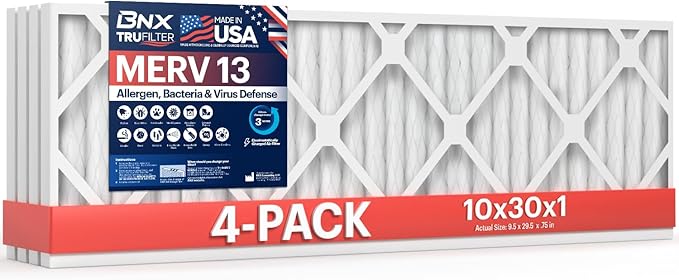 BNX TruFilter 10x30x1 Air Filter MERV 13 (4-Pack) - MADE IN USA - Electrostatic Pleated Air Conditioner HVAC AC Furnace Filters for Allergies, Pollen, Mold, Bacteria, Smoke, Allergen, MPR 1900 FPR 10