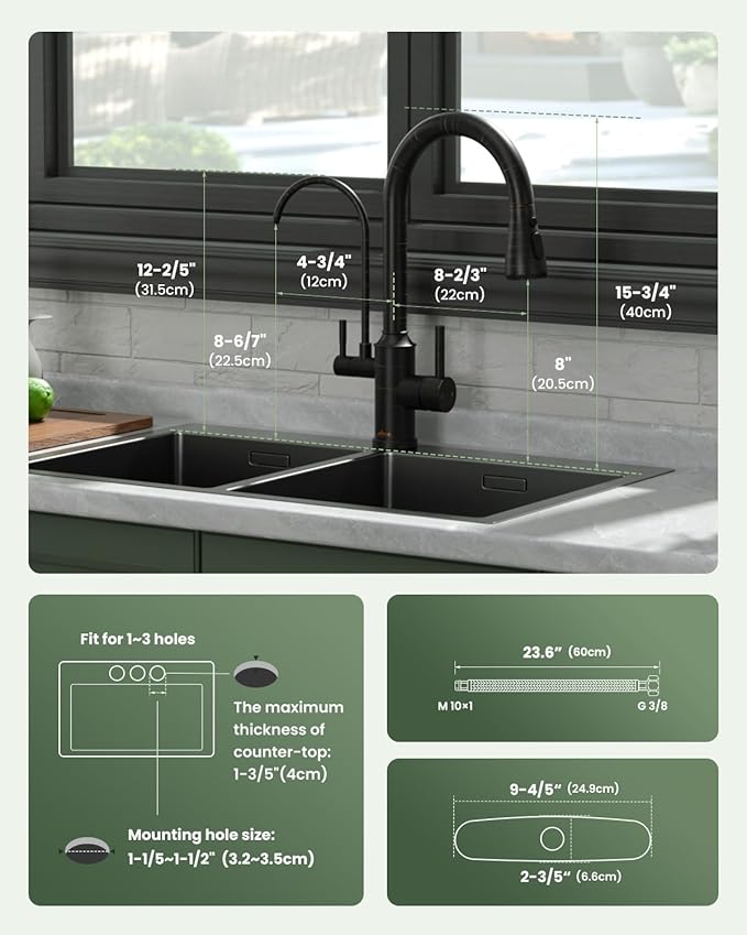 APPASO Kitchen Faucet with Water Filter, Without Water Filtration Device, Oil Rubbed Bronze 3-in-1 Kitchen Sink Faucet, High Arch 2-Handle 3-Way Kitchen Faucet with Pull-Down Sprayer