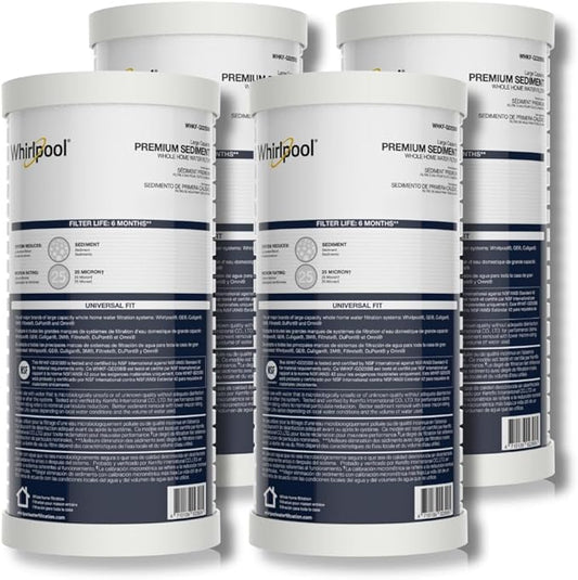 Whirlpool Whole House Large Capacity Sediment Filter WHKF-GD25BB, Full Case of 4 Filters, NSF Certified 25-Micron Filtration, Replacement Cartridge Fits Most Home 10" x 4.5" Standard Filter Housings