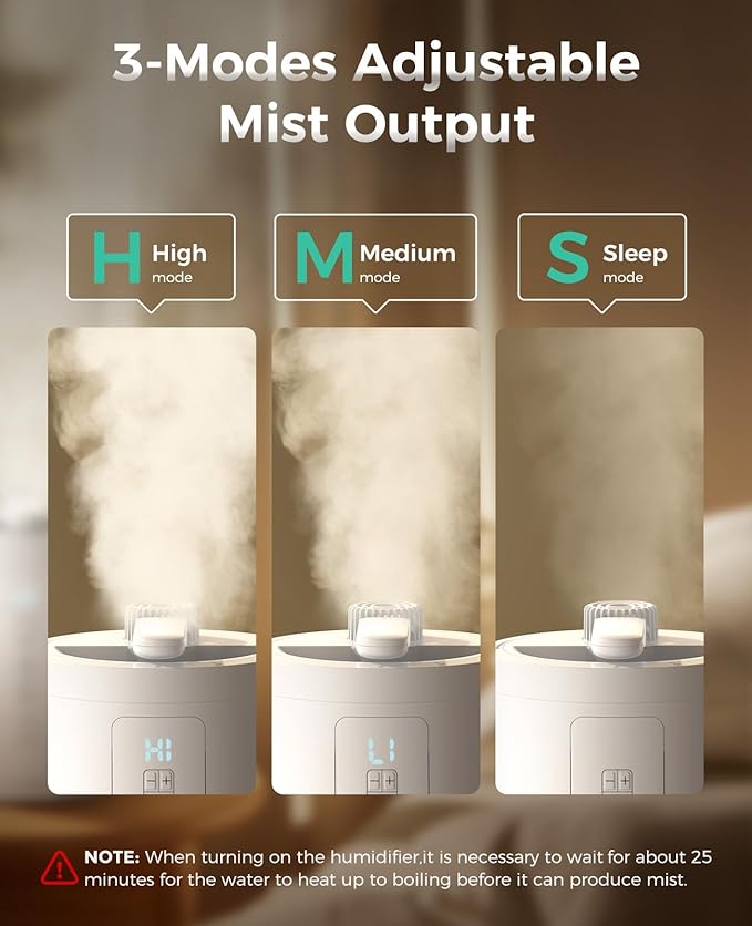 Healthy Warm Mist Humidifiers for Bedroom, 100oz Stainless Steel Humidifier Easy Clean, Steam Humidifier for Living Room, Whisper-Quiet and Filterless, with Sleep Mode and Timer, Auto-off Setting