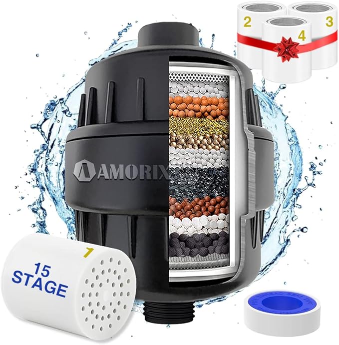 15 Stage Shower Head Filter for Hard Water - Black, High Output, Reduces Chlorine, Dry Skin & Itchy Scalp - Includes 4 Replaceable Filter Cartridges