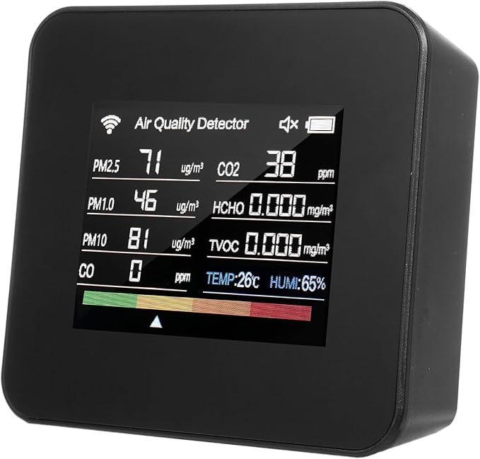 14 in 1 Indoor Air Quality Monitor Air Quality Detector CO₂ CO TVOC HCHO Temperature Humidity PM2.5 PM1.0 PM10 Desktop Air Quality Tester with Time/Date/Alarm Clock/Timer/Stopwatch Support APP Control