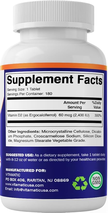 Vitamatic Vitamin D2 60 mcg (2400 IU) - Ergocalciferol - 180 Vegetarian Tablets (180 Tablets (Pack of 1)) (3 Bottles)