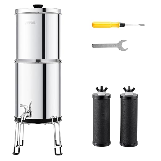 VEVOR Gravity-fed Water Filter System, 2.25G 304 Stainless-Steel Countertop Water Filtration System, Reduces Lead and up to 99% of Chlorine, with 2 Carbon Filters/Spigot/Stand, for Home Camping RV