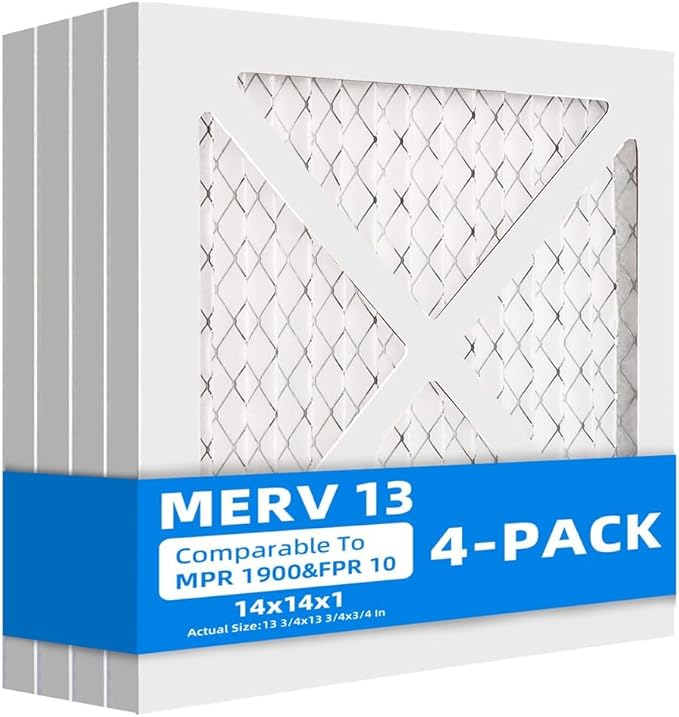 (4 Pack) 14x14x1 Furnace Air Filters, MPR 1900 & FPR 10, MERV 13 Pleated Air Filter (Actual Size: 13.75x13.75x0.75 inch)