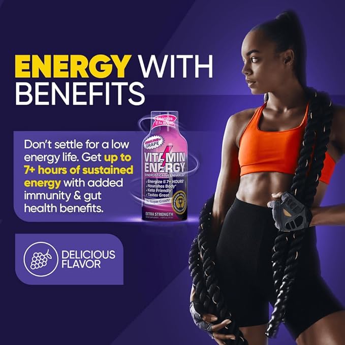 Vitamin Energy Immune+ Extra Strength Energy Shot Grape 48 Pack, 260mg Natural Caffeine, B-Vitamins, Citicoline, Green Tea, Immunity & Focus Support, Zero Sugar, Gluten-Free 1.93 fl oz