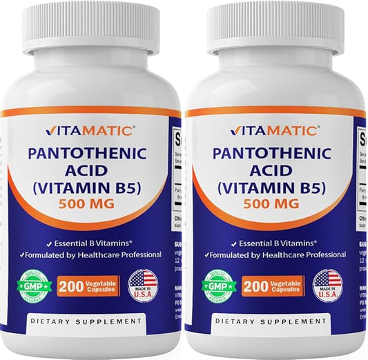 Vitamatic Pantothenic Acid (Vitamin B5) 500 mg- 200 Capsules - 2 Pack