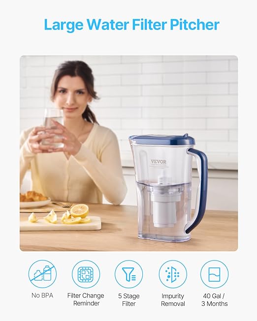 VEVOR Water Filter Pitcher, 9 Cup 5-Stage Water Filter Dispenser, Fast Filtration System with Filter Change Indicator, No BPA, Lasts 3 Months or 40 Gallons, Reduces Limescale, Lead, Chlorine, Odors