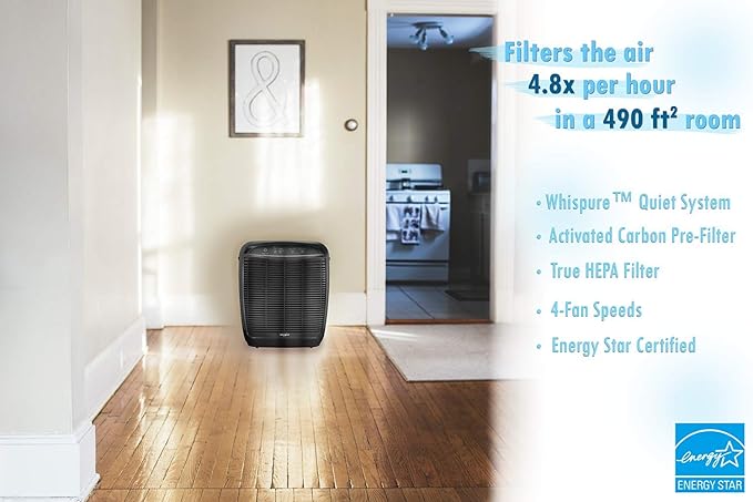 Whirlpool WP500B WP500 Whispure Air Purifier – 490 sq ft Filtration with True HEPA and Carbon Pre-Filter 8171434K, 1183054K. Compact Odor Allergen Eliminator (WP500B-Slate, Large, Slate Black