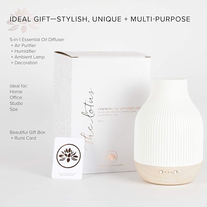 Essential Oil Diffuser Lamp, White Ceramic + Wood, Ultrasonic 180ml, Whispersoft, 4 Timers + 5 Light Settings, Auto Shut Off, Home + Office, Humidifier Air Purifier Aromatherapy