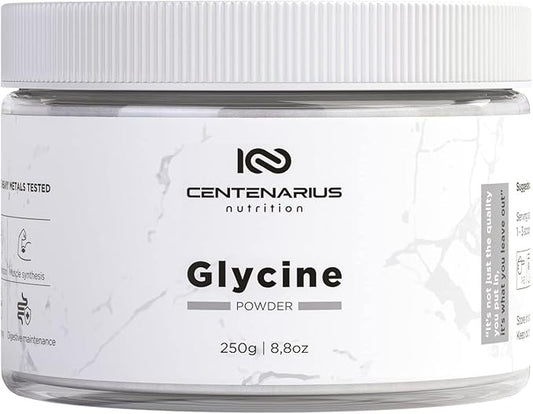 Centenarius Nutrition Glycine Powder 250g | Non-Essential Amino Acids Supplement for Post Workout Muscle Recovery, Digestion, Sleep Aid + More - Vegan, Additive-Free, Third-Party Tested