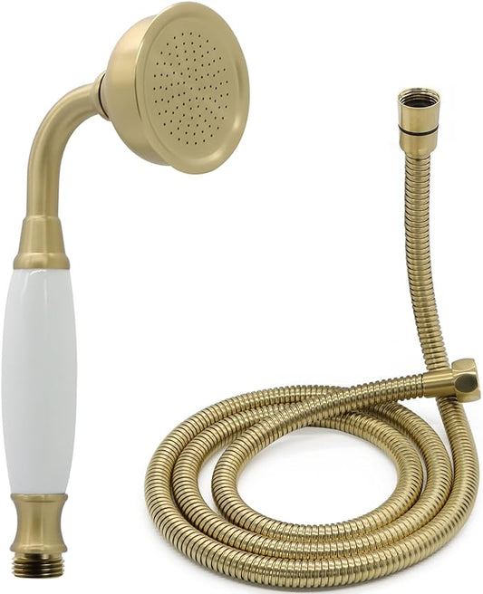 HOMEDEC Vintage Handheld Shower Head with 59inch Flexible Hose High-Pressure Antique Rain Showerhead Combo Replacement No Wand Holder, Round Telephone Shape, Brushed Gold