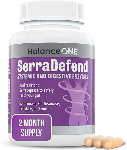 Balance ONE Biofilm Defense with Proteolytic & Digestive Enzymes for Men & Women - Serrapeptase, Nattokinase, Protease, Cellulase - 60 Capsules, 2 Month Supply - SerraDefend