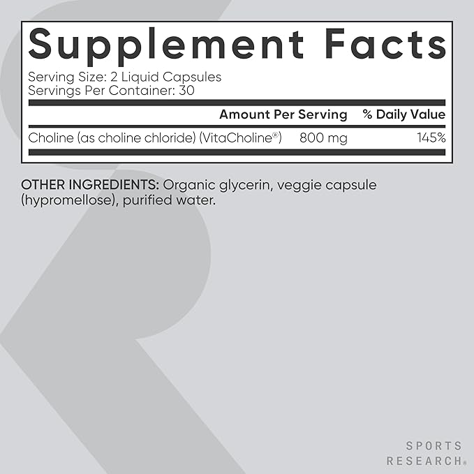 Sports Research® Extra Strength Choline 800 mg - Essential Nutrient Featuring VitaCholine® for Focus Support - Vegan Certified · Non-GMO · Gluten Free - 60 Liquid Capsules