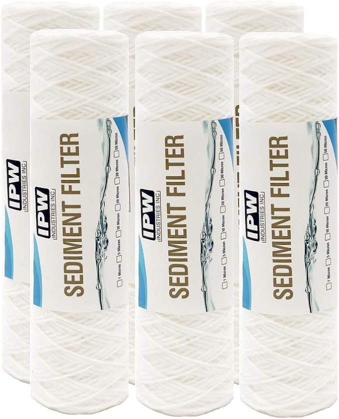 IPW Industries Inc. 5 Micron String Wound Water Filter for Universal Whole House Replacement Cartridge Sediment Filters for Well Water 10" x 2.5" - 6 Pack