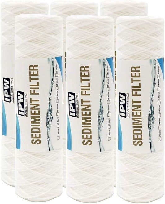 IPW Industries Inc. 5 Micron String Wound Water Filter for Universal Whole House Replacement Cartridge Sediment Filters for Well Water 10" x 2.5" - 6 Pack