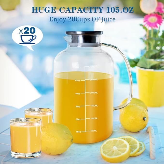 Glass Pitcher with Lid, GOTEBLE 102oz Glass Pitcher with Silicone Case and Brush, Large Capacity Glass Water Tea Pitcher for Juice, Milk, Cold Or Hot Beverages, Large Family and Party