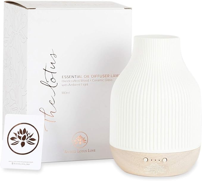 Essential Oil Diffuser Lamp, White Ceramic + Wood, Ultrasonic 180ml, Whispersoft, 4 Timers + 5 Light Settings, Auto Shut Off, Home + Office, Humidifier Air Purifier Aromatherapy