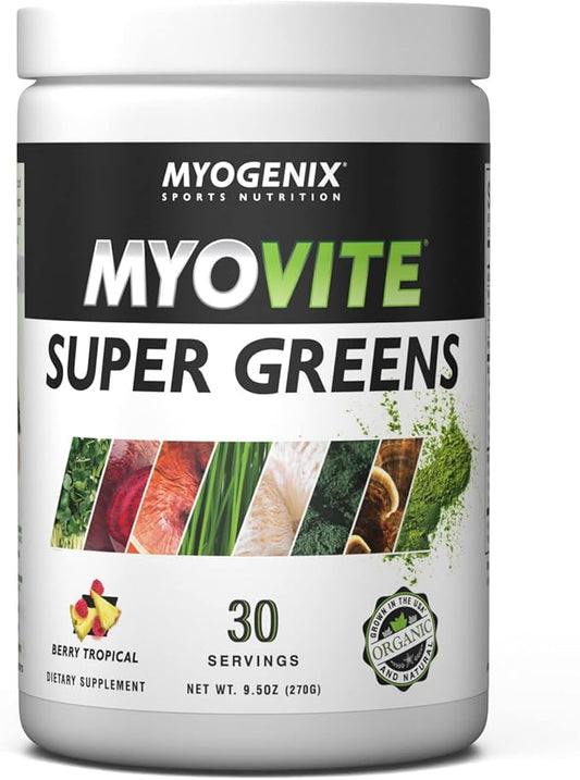 Myogenix MyoVite SuperGreens – Greens Powder Daily Supplement – Enhance Digestion, Strengthen Immunity & Improve Alkalinity – Locally Grown Greens – Berry Tropical (30 Servings)