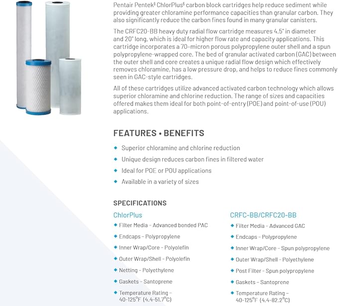 Pentair Pentek ChlorPlus10 Carbon Water Filter, 10-Inch, Under Sink Chloramine Reduction Carbon Replacement Cartridge, 10" x 2.5", 1 Micron